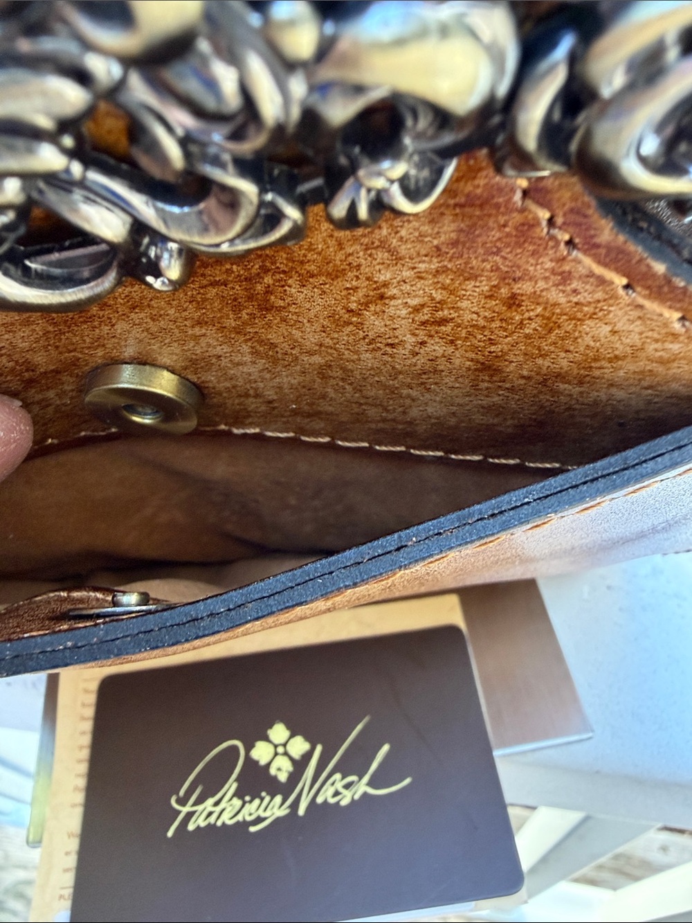 Patricia Nash Sand and Tan Embossed Leather Shoulder Bag with Ornate Metal Frame - Picture 10 of 17